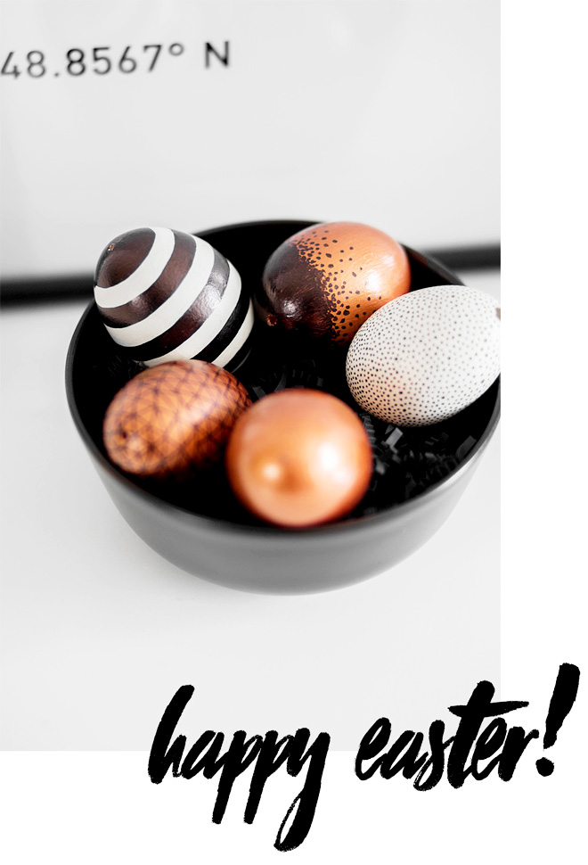 Last Minute DIY Osterdeko, Easter decor, selbstgemalte Eier, Kupfer Ostereier, schwarz-weiße Eier mit geometrischen Muster, bezauberndenana.de