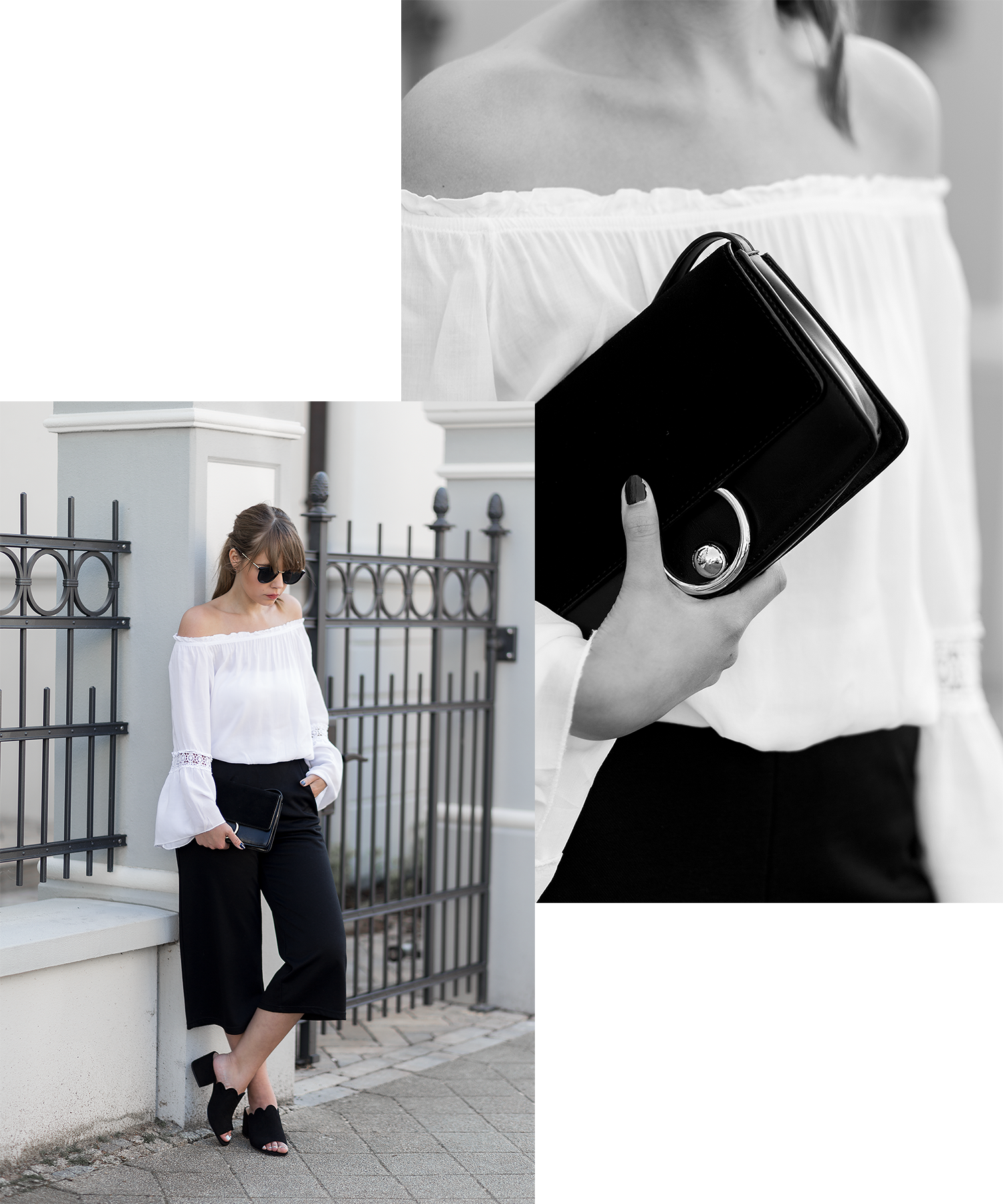 Sommer Outfit mit Culotte, weiße Off Shoulder Bluse mit Trompetenärmel, schwarze Mules von H&M, Frühlingslook, Streetstyle, bezauberndenana.de